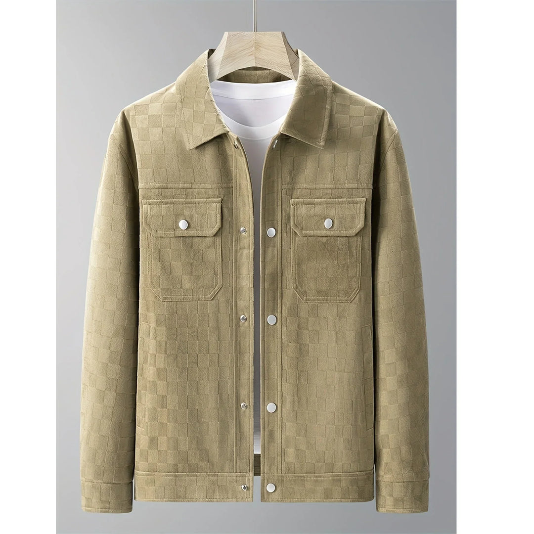 Rovelli beige checkered jacket with front pockets and snap buttons, displayed on hanger