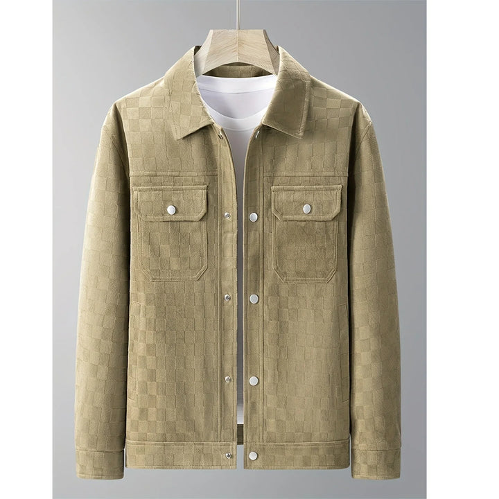 Rovelli beige checkered jacket with front pockets and snap buttons, displayed on hanger