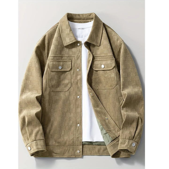 Rovelli khaki textured suede jacket with snap buttons and chest pockets on white background