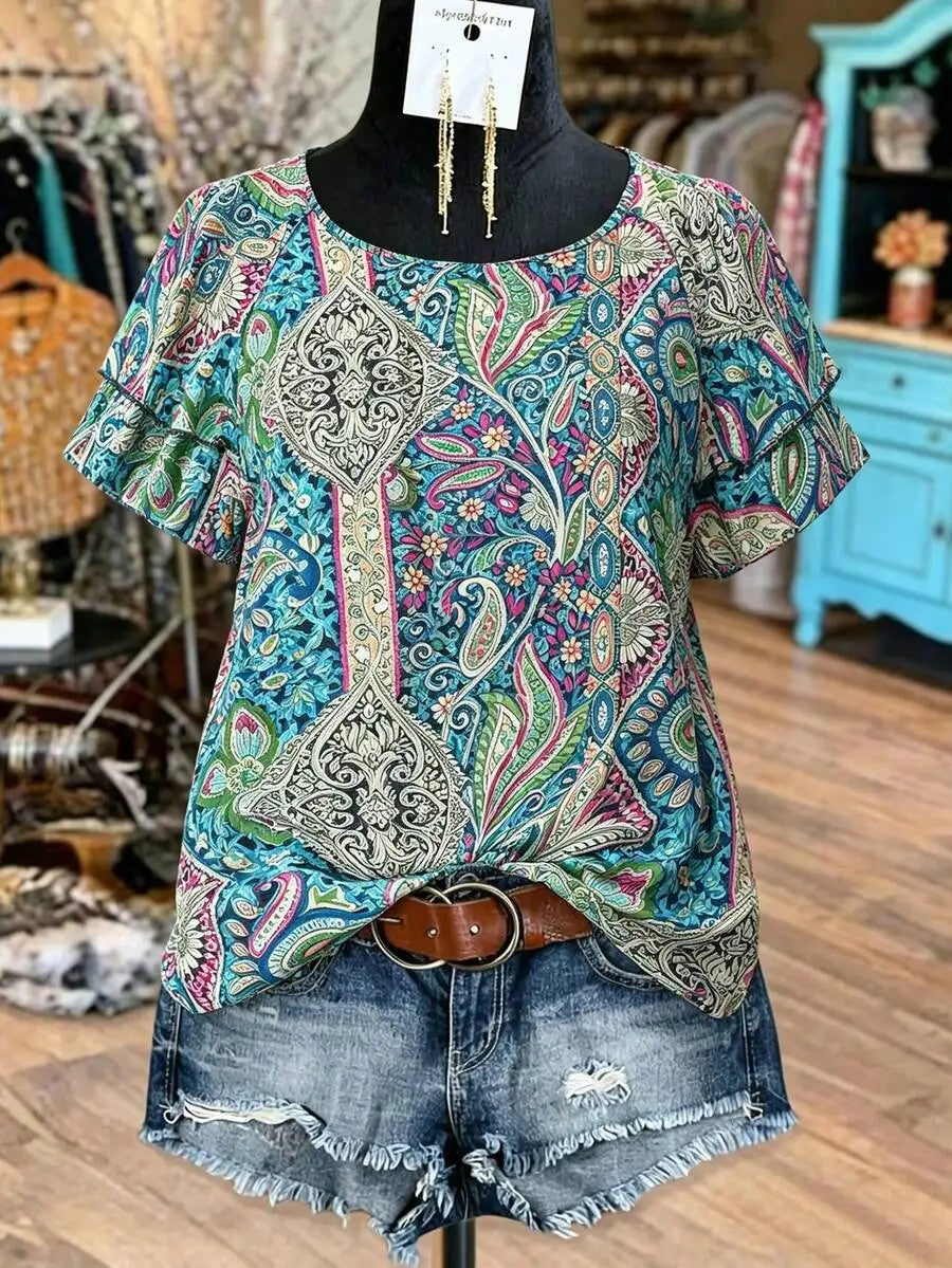 Marbella Paisley Ruffle Top - Azure