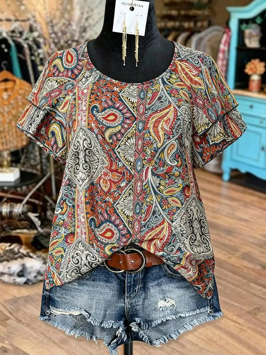 Marbella Paisley Ruffle Top - Scarlet
