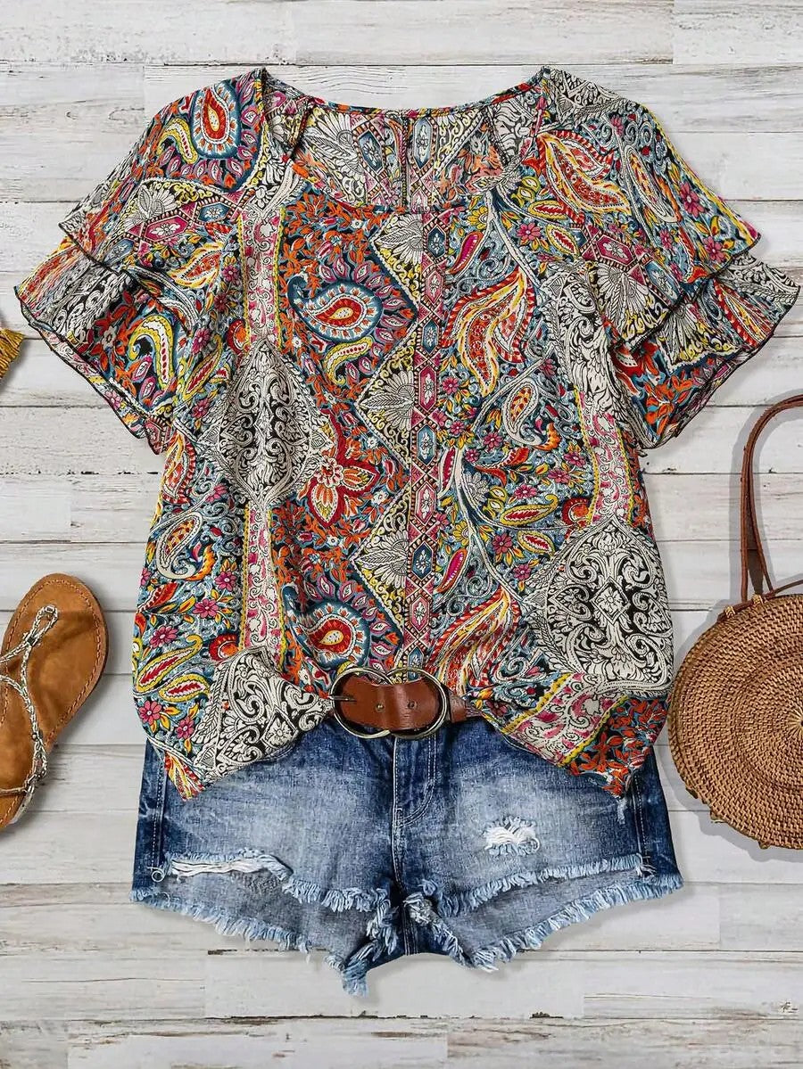 Marbella Paisley Ruffle Top - Crimson
