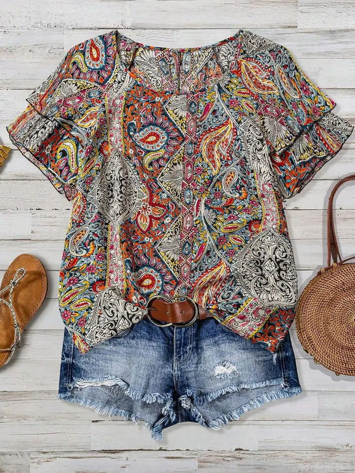Marbella Paisley Ruffle Top - Crimson
