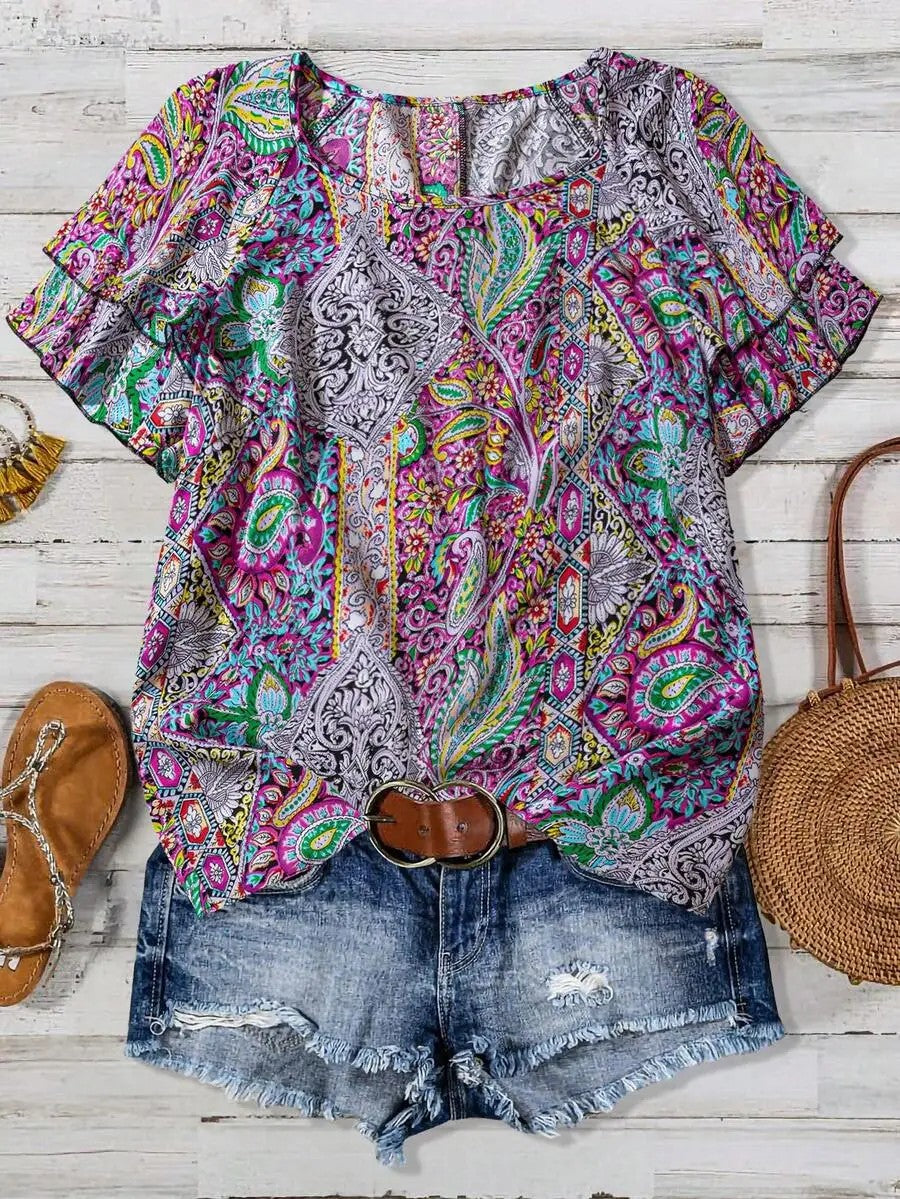 Marbella Paisley Ruffle Top - Plum