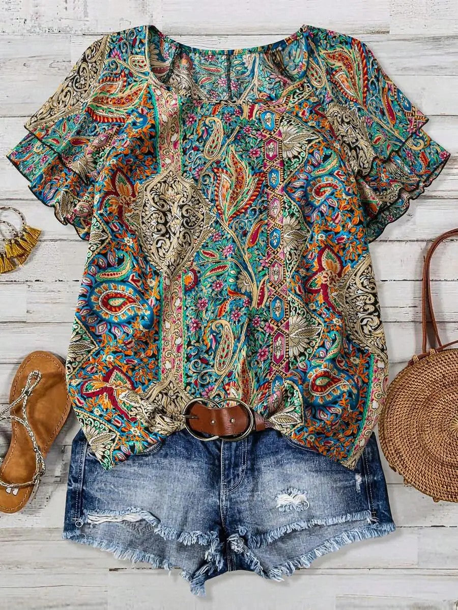 Marbella Paisley Ruffle Top - Ruby Paisley