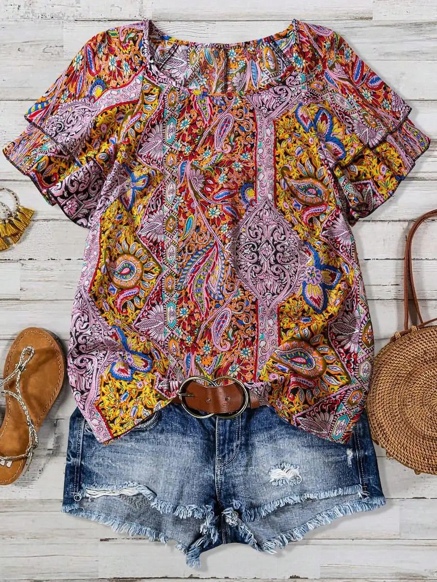 Marbella Paisley Ruffle Top - Terracotta