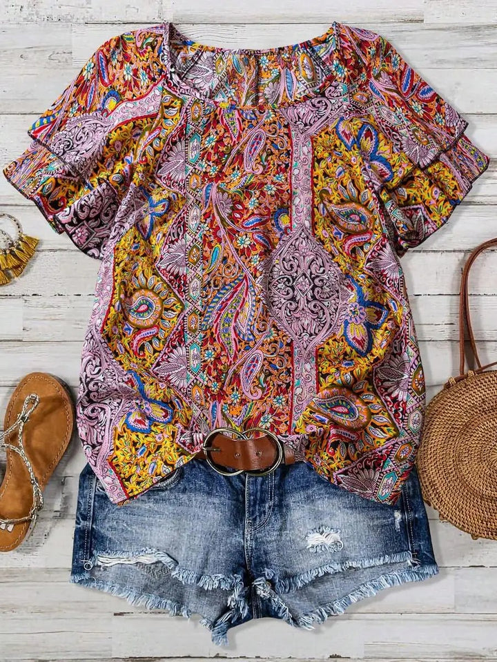 Marbella Paisley Ruffle Top - Terracotta