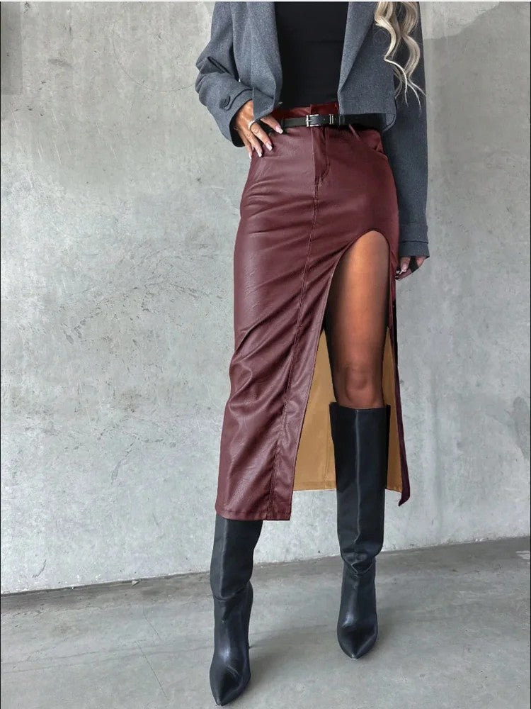 Merapel High Slit Midi Skirt - Crimson