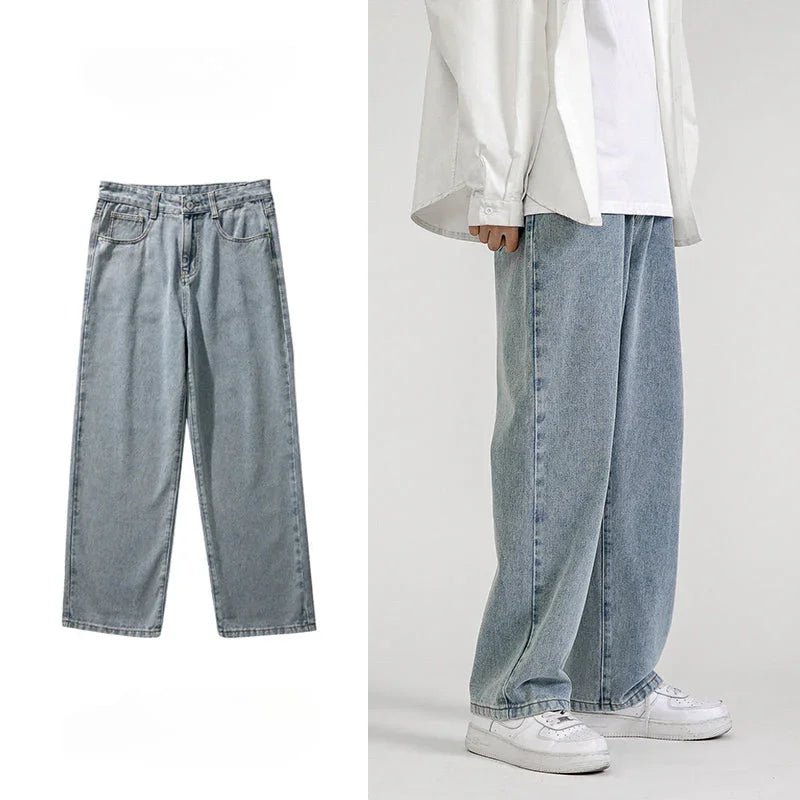 Light blue, wide-leg design jeans are shown on the left flat against a white background and on the right, worn by a person paired with a white shirt and white sneakers for a trendy Korean fashion look.