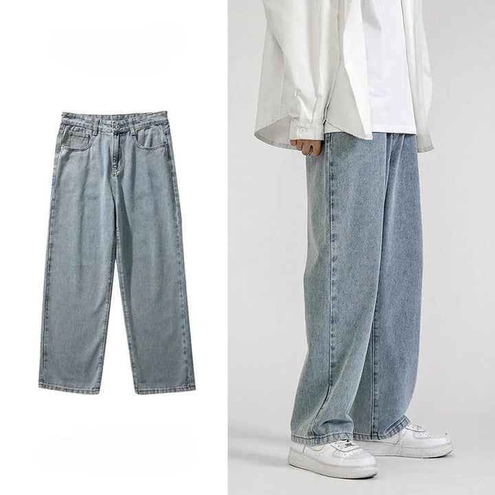 Light blue, wide-leg design jeans are shown on the left flat against a white background and on the right, worn by a person paired with a white shirt and white sneakers for a trendy Korean fashion look.