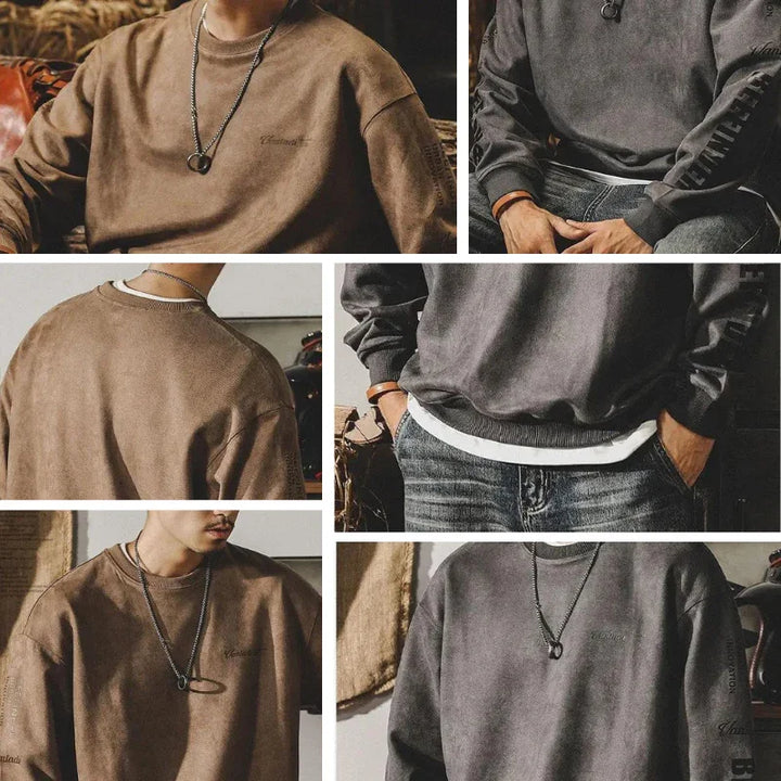 Collage of a person modeling relaxed fit crewneck sweatshirts in brown and charcoal gray, styled with jeans and a black necklace featuring a circular pendant. The images highlight various angles and streetwear details of the garments.