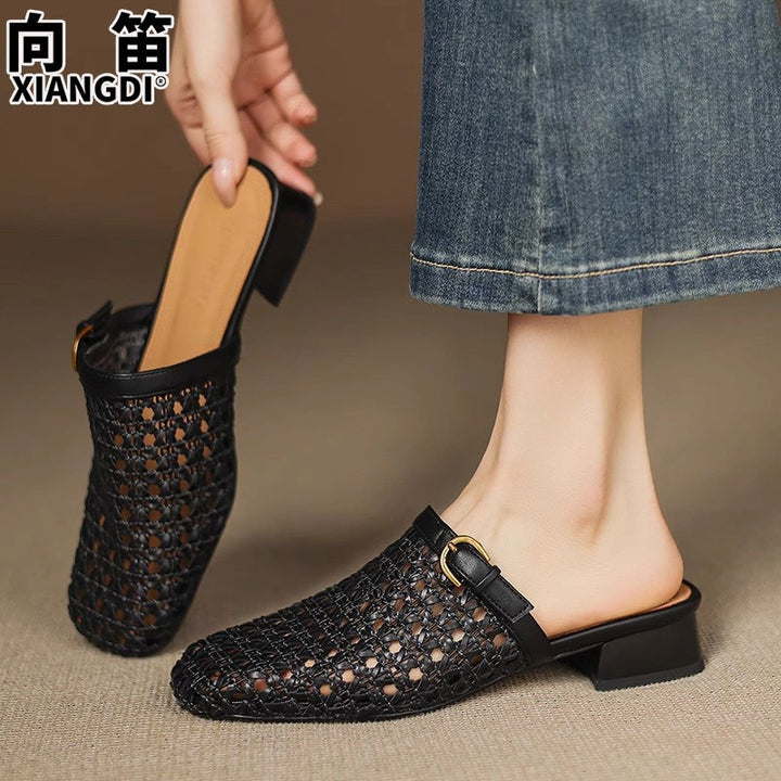Nimes Woven Genuine Leather Mules - Black