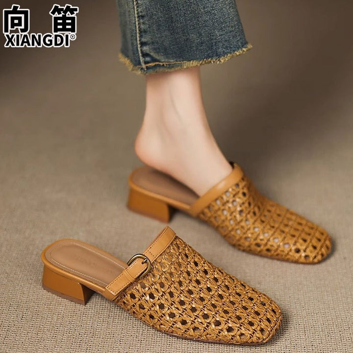 Nimes Woven Genuine Leather Mules - Cognac