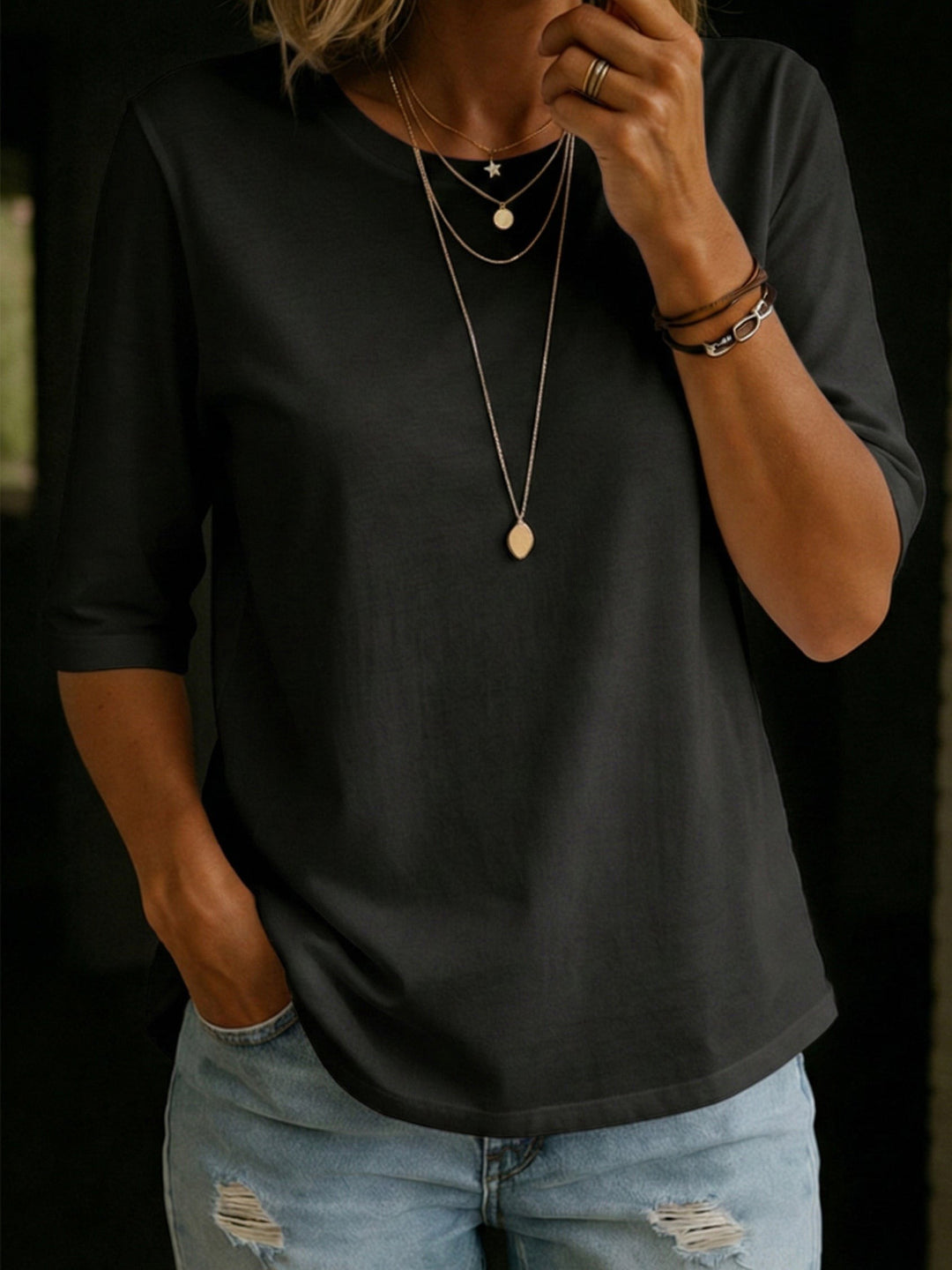 Nola Linen Crewneck T-Shirt - Black
