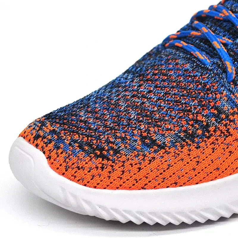 Rovelli orange and blue knit sneaker close-up with white sole