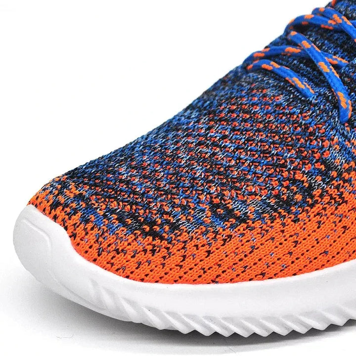 Rovelli orange and blue knit sneaker close-up with white sole