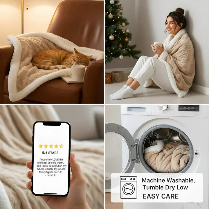 Rovelli sherpa blanket cozy review collage with cat, happy woman, smartphone, and washing machine.