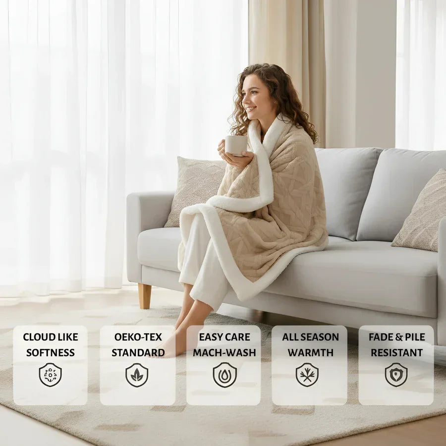 Woman wrapped in Rovelli sherpa blanket on sofa, with icons showing softness, easy care, and warmth