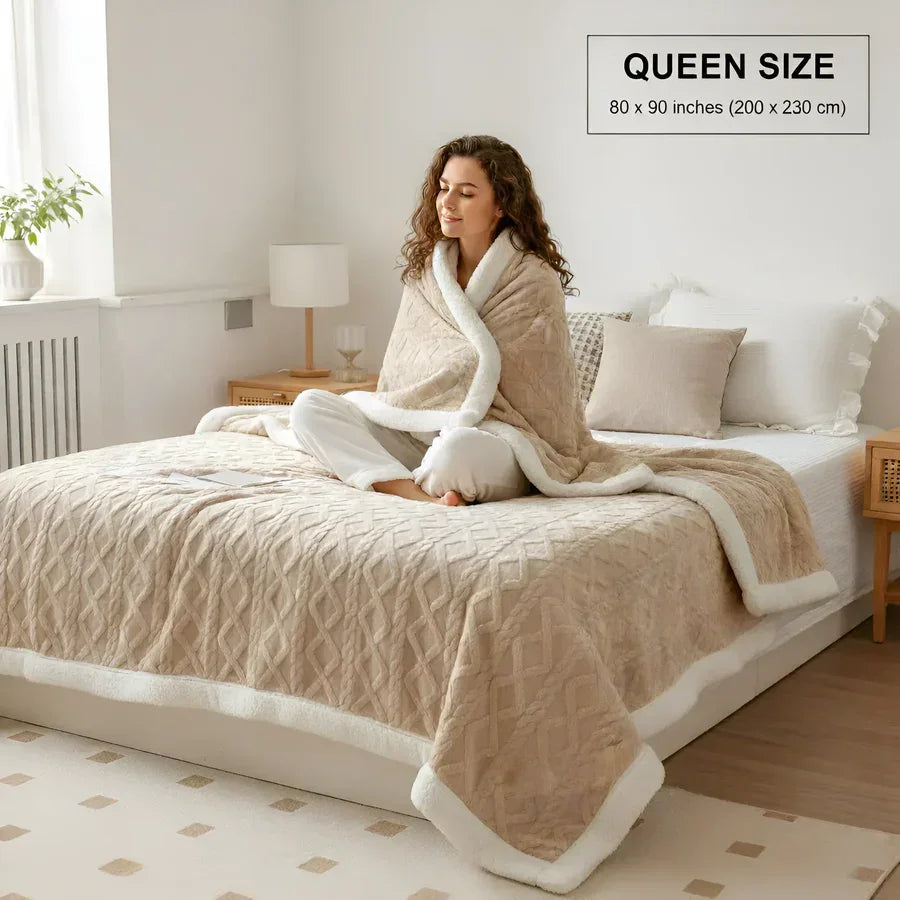 Woman wrapped in soft beige sherpa blanket on queen size bed in cozy bedroom, Rovelli