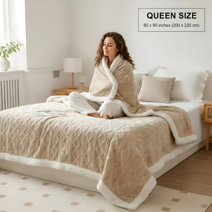 Woman wrapped in soft beige sherpa blanket on queen size bed in cozy bedroom, Rovelli