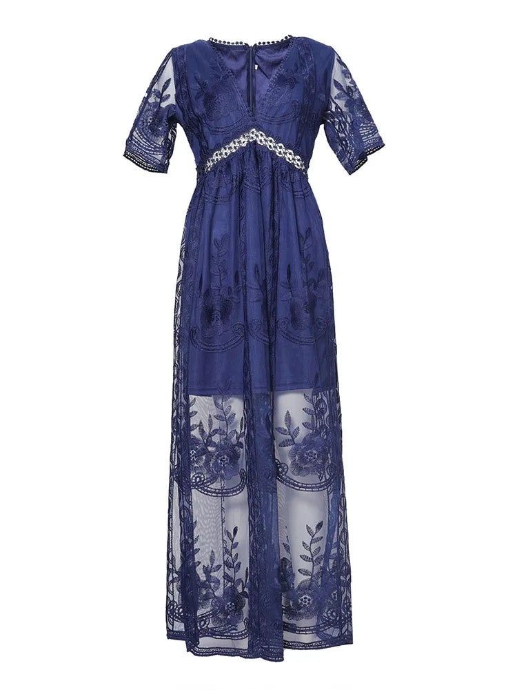 Toulouse Embroidered Maxi Dress - Navy Blue