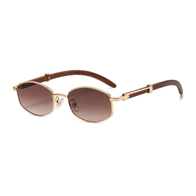 Vintage-inspired sunglasses featuring gold-tone frames, brown-tinted UV400 protection lenses, and wooden arms, displayed on a white background.