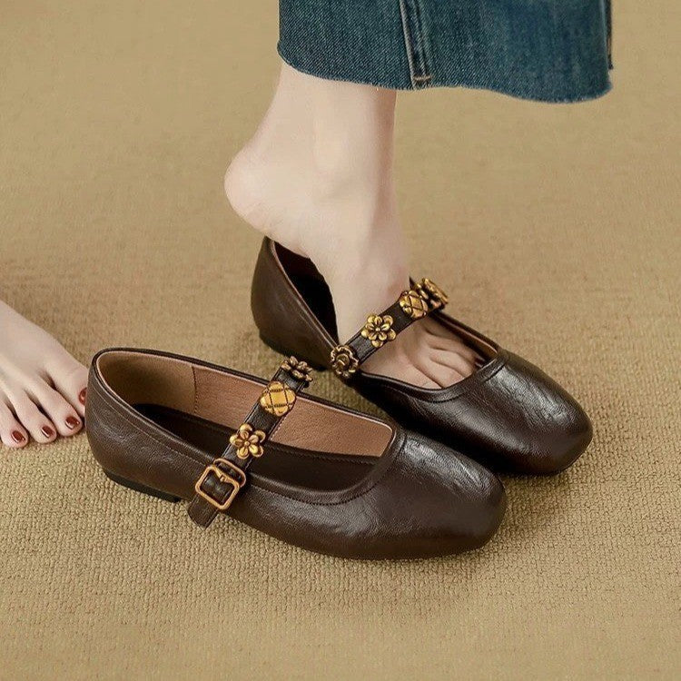 Valmont Sheepskin Mary Jane Flats - Espresso