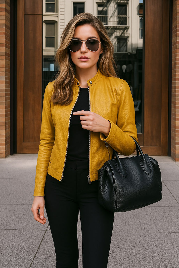 Valmont Slim Leather Biker Jacket - Marigold