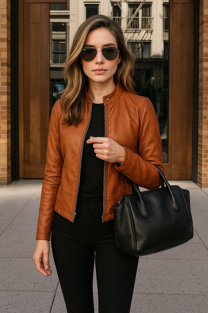 Valmont Slim Leather Biker Jacket - Terracotta