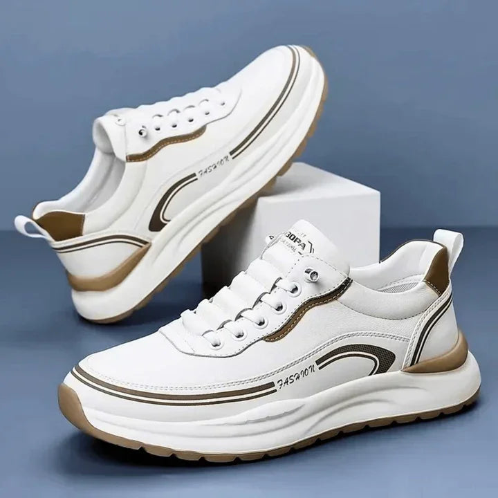 Rovelli white and tan sneakers with thick sole and stylish accents on minimalist display
