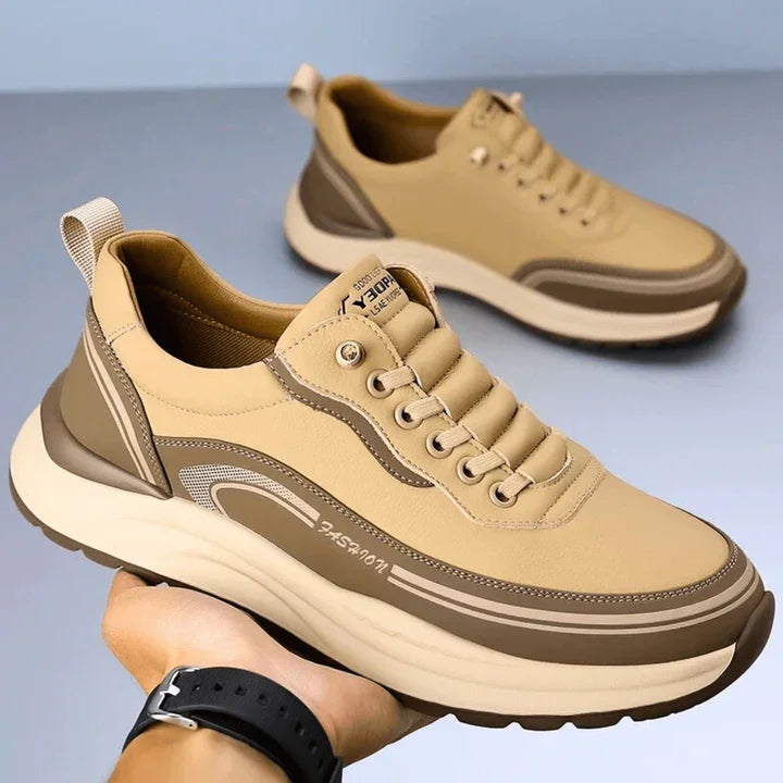 Khaki and beige Brixton sneaker with chunky sole, shown close-up, Rovelli footwear
