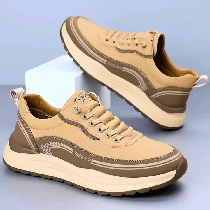 Khaki beige Rovelli Brixton sneaker with thick sole, stylish design on minimalist display