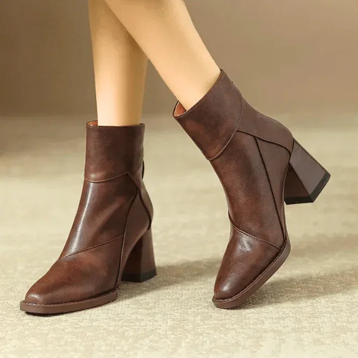 Brown leather ankle boots with block heels, stylish footwear from Rovelli collection