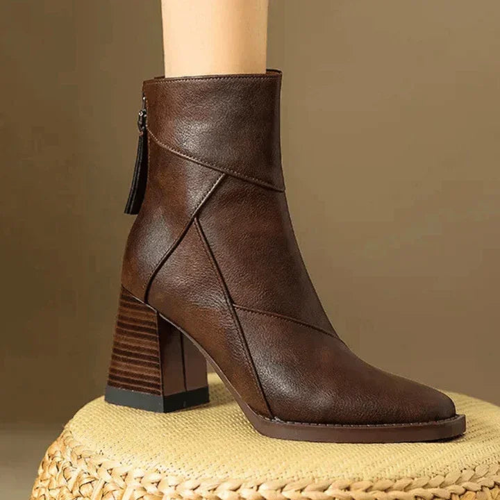 Rovelli brown leather ankle boot with block heel on woven surface