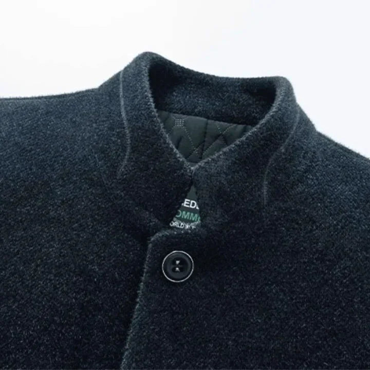 Close-up of Rovelli Montclair jacket in dark wool with mandarin collar and quilted lining