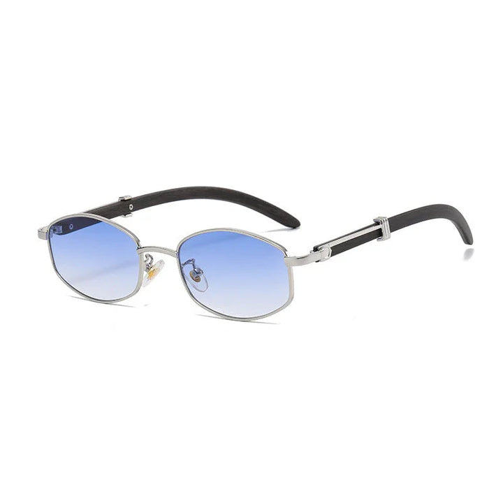 A pair of vintage-inspired sunglasses with thin gold-tone frames, blue gradient lenses, and black curved arms featuring metal accents near the hinges. Enjoy both style and UV400 protection.
