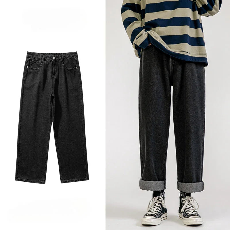 Two images: on the left, a pair of men’s baggy jeans with a wide-leg design laid flat; on the right, a person styled in Korean fashion wears the same jeans with rolled cuffs, striped sweater, and sneakers, standing casually.